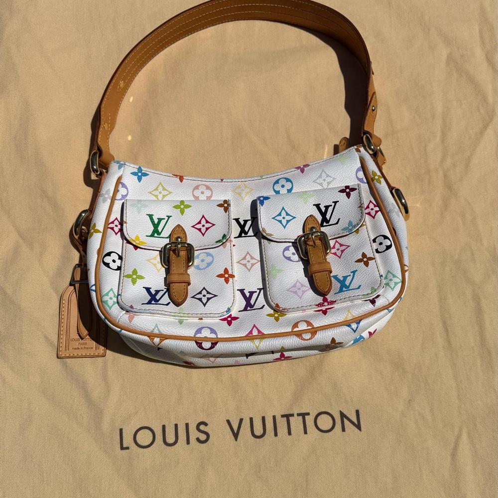 Louis Vuitton White Multicolor Monogram Canvas Shoulder Bag with Tan Trim